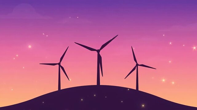 Wind turbines rotate slowly on a silhouetted hill against a pink and purple gradient sunset sky, symbolizing clean and renewable energy in flat vector style.