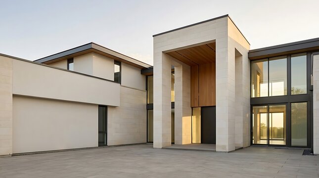 An intentionally  entrance creates an elegant asymmetrical composition while maintaining architectural balance.
