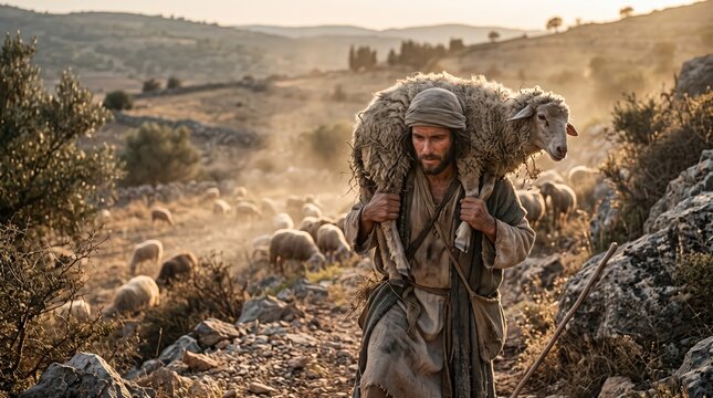 Good shepherd carrying lost sheep in biblical landscape at sunrise