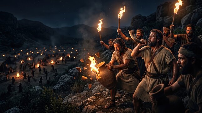 Gideon army breaking pitchers with torches and shofar at night camp