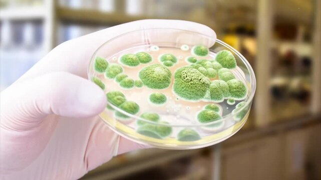 Gloved hand holding a Petri dish with green mould colonies in a laboratory, conceptual photo based animation showing mixed fungal culture growth and colony morphology.