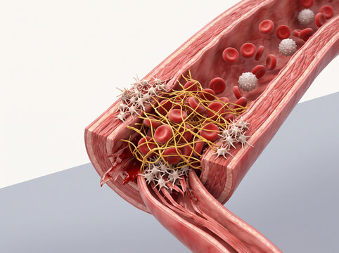 Cross-sectional view of an artery with plaque buildup and damaged endothelial lining showing inflammation and cellular debris.