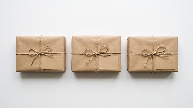 Three Kraft Paper Gift Boxes Tied With Twine and Blank Labels on a White Background