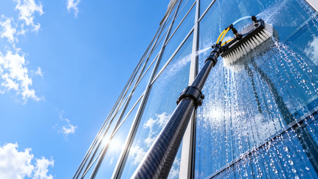 Professional window cleaner washing modern skyscraper glass facade using telescopic water fed pole system and brush under sunny blue sky