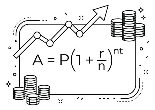 Compound Interest Formula Line Art Illustration, Financial Growth Graph with Stacks of Coins Vector Icon