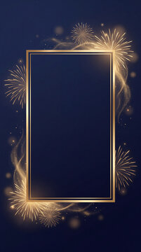 A luxurious gold rectangular frame decorated with sparkling golden fireworks and light particles, perfect for festive celebrations and elegant invitations.