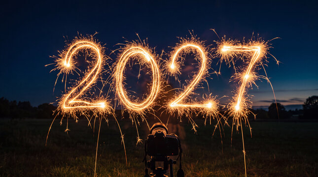 A professional camera on a tripod capturing 2027 written in glowing light sparklers against a beautiful twilight sky background for New Year celebration.