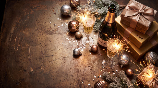 Champagne glasses with sparklers, gift boxes, and festive baubles on a rustic metallic background. Perfect for New Year's Eve or holiday celebration concepts.