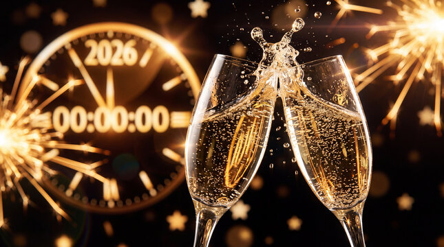 Champagne glasses clinking to celebrate the arrival of New Year 2026, with a midnight clock and sparkling fireworks in the background.