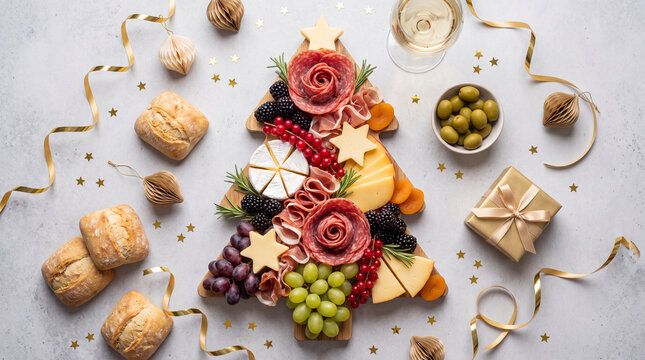 A festive Christmas tree shaped charcuterie board featuring cheese, salami roses, fruit, and snacks, surrounded by holiday decorations and wine on a gray surface.
