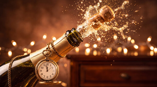 A celebratory champagne bottle popping with sparkling splashes and a vintage pocket watch, perfect for New Year's Eve countdown and festive holiday concepts.