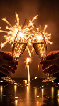 Hands toasting with two glasses of champagne against a festive background of golden sparkling lights, celebrating New Year's Eve or a special anniversary.