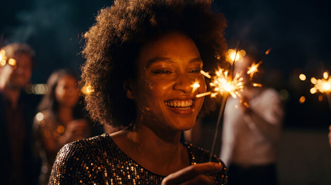A joyous young woman with an afro hairstyle smiling while holding a burning sparkler during a nighttime party celebration with friends.