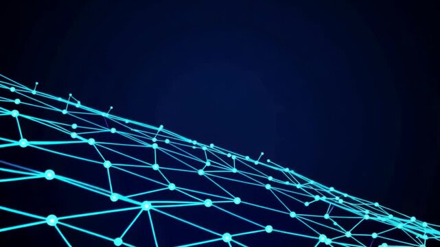 Abstract blue digital network mesh with glowing connected nodes and data signals