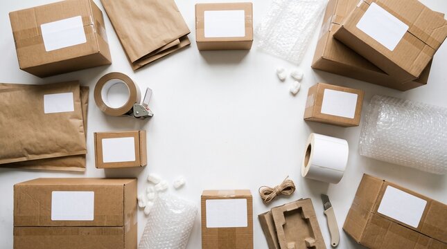 Shipping and packaging supplies arranged in a circle on a white background with copy space in the center
