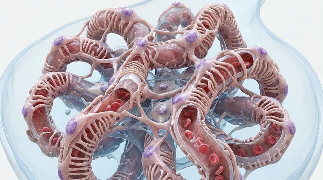 scientific 3D microvisualization of a kidney glomerulus with intricate looping capillaries, delicate translucent filtration membranes, branching podocyte foot processes, 