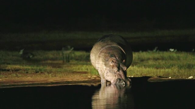 A hippopotamus drinks water at night in Tsavo East National Park, Kenya, emerging from the darkness near a waterhole. Nocturnal wildlife behavior captured during an African safari.