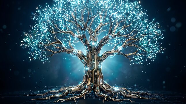 Digital tree of life composed of glowing blue circuit board patterns and metallic branches standing against a dark background, representing artificial intelligence, data growth, and connectivity