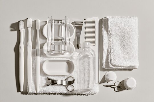 White Bathroom Accessories with Grooming Tools &mdash; Asymmetric Composition