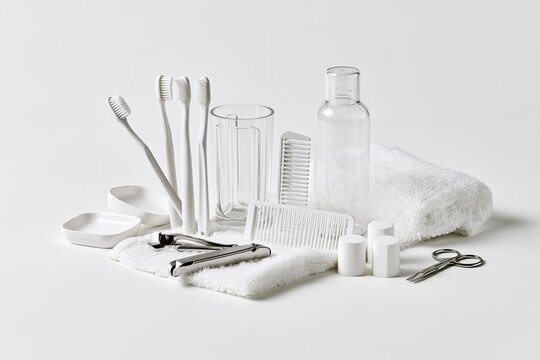 Minimal Bathroom Essentials Arranged on White &mdash; Spacious View