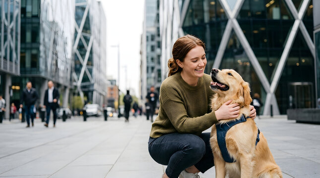 A happy young woman enjoys a moment of pure affection with her golden retriever on a modern city business sidewalk.