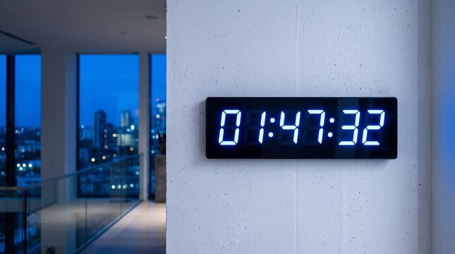 Modern Digital Clock Displays 01 47 32 on Textured Wall with Cityscape View at Dusk