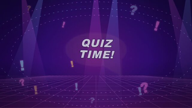 Exciting quiz time banner with neon lights and flying question marks background