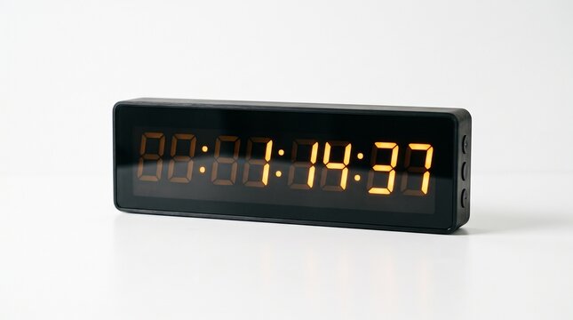 Modern digital clock displaying time 00 01 14 37 with orange LED numbers on a white background