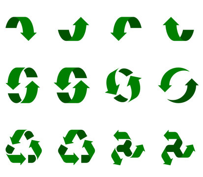 Recycle arrows icon set featuring green circular symbols, rotation signs, and loop shapes