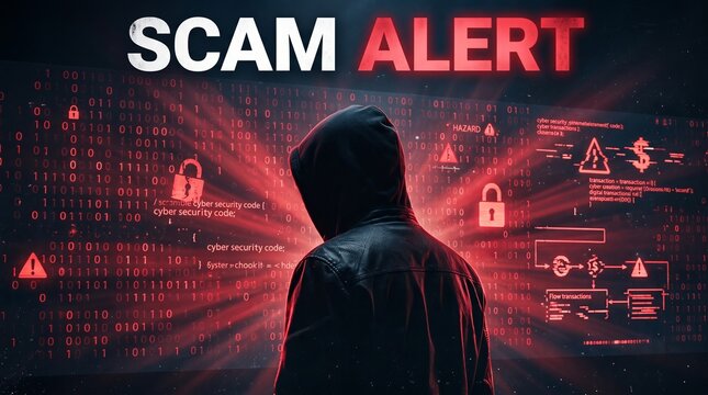 Hooded hacker standing before glowing red binary code screens displaying prominent warning text alerts