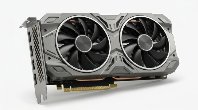 Grey computer card with two cooling fans isolated on white background
