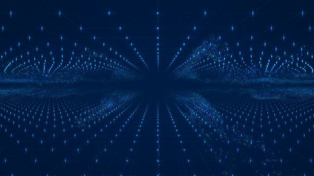 A Mesmerizing Visual Journey Through a Dynamic 3D Grid of Blue Points and Waves, Capturing the Essence of Digital Depth and Expansive Space
