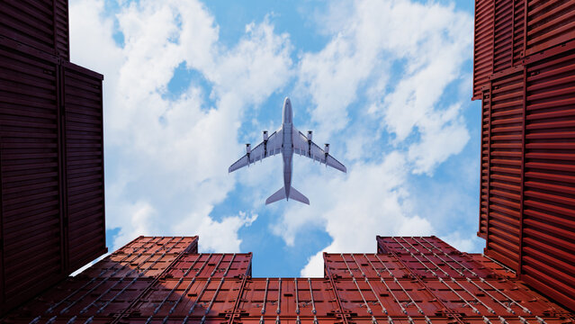 Cargo plane flying above red containers at port. Logistic import export, cargo and shipping business. Shipping containers at harbor distributed ecommerce and logistic business. 3d render