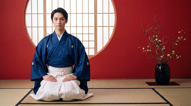 A young Japanese man in a traditional blue kimono and white hakama sits in a seiza posture in a room with tatami mats, shoji screens, and a red wall.