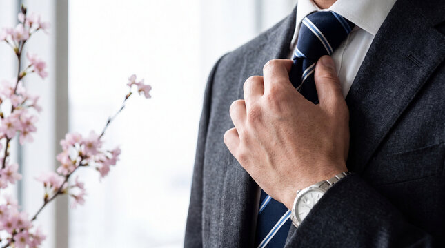 A close-up shot of a professional man in a suit adjusting his tie, with soft-focus cherry blossoms nearby, representing business success and new beginnings.
