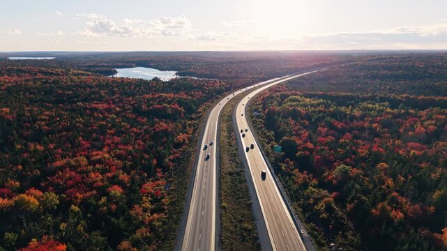 Autumn colors surround a busy highway and solar panels in nova scotia, canada