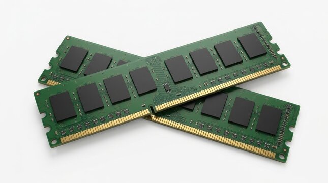 Two green computer ram memory sticks crossed on a white background