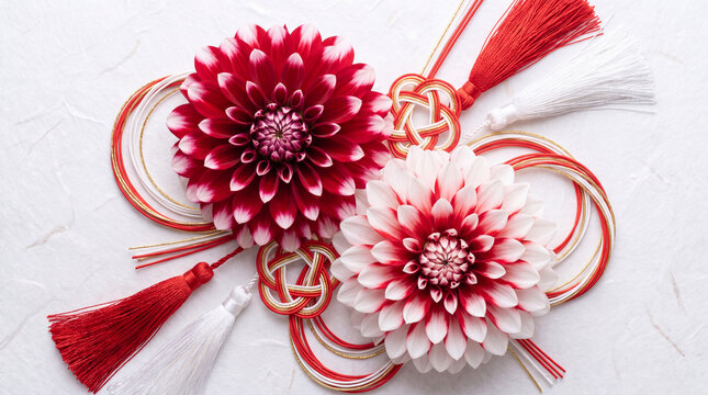 A festive Japanese New Year background featuring red and white dahlia flowers decorated with traditional mizuhiki cord knots and silk tassels on textured paper.