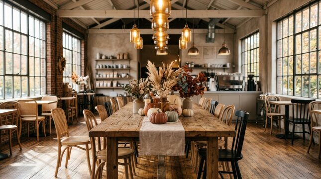 Industrial loft style cafe with large and wooden tables coffee shop restaurant
