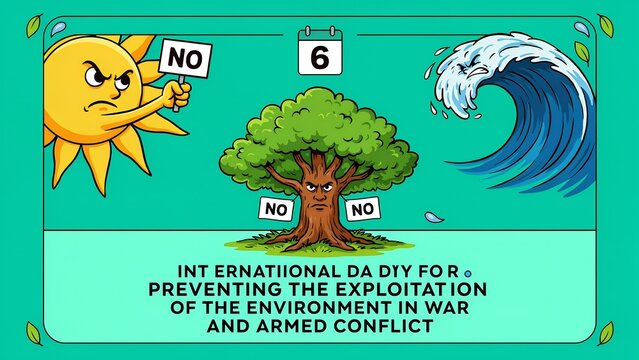Cartoon nature protesting against war and environmental harm