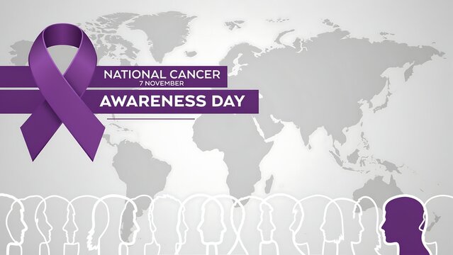 National cancer awareness day purple ribbon on world map
