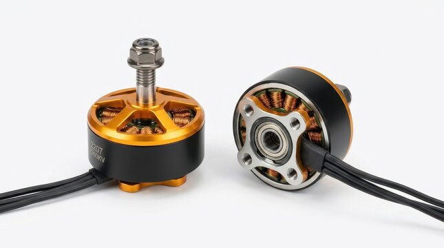 Two brushless drone motors with copper coils on a white background