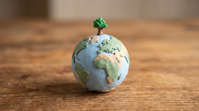 A handmade clay model of planet earth featuring a tiny green sprouting tree on top