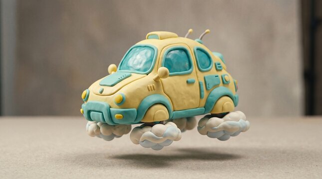 A cute handmade clay flying car floating on fluffy clouds in a whimsical style