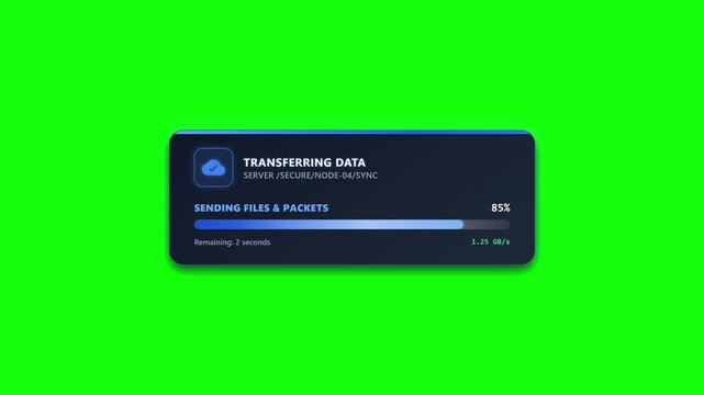 Green screen motion graphic of a digital user interface element showing progress bars and status updates for transferring files and packets on a modern sleek dark mode display popup