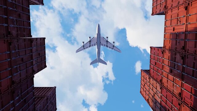 Airplane flying above red containers. Logistic industry, freight transportation, air cargo transfer, air transport and container crisis concept. import and export logistics containers and airplane. 3d