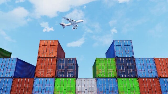 Cargo plane flying above stack of containers. Logistic industry, freight transportation, air cargo transfer, air transport concept. Containers at harbor. Cargo and shipping business. 3d video