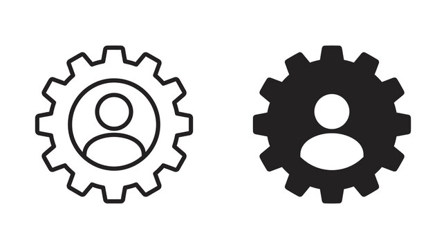 Minimalist user cog icon set, black linear gear with person symbol vector, modern account management and settings UI graphic