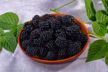 Fresh ripe blackberries in round wooden bowl with green leaves on gray stone surface summer fruit harvest © Andrei Starostin
