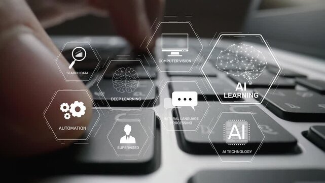 AI learning system involves deep learning, supervised machine learning, and natural language processing. AI learning diagram shows how AI advances learn in automation and data processing. Muxer